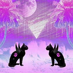 Visual art piece showcasing classic vaporwave aesthetic tropes including glitch effects and retro-futuristic imagery.