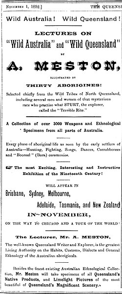 A newspaper advertisement for lectures by A. Meston on Wild Australia.
